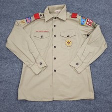 VINTAGE Boy Scouts Of America Shirt Youth 16 Tan Patches Hike Camp Official USA