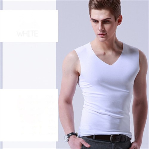 V Neck Sleeveless Tank Tops Sexy Elastic Male Suits Mens Vests Ice Silk - Picture 2 of 12