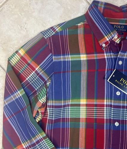 Polo Ralph Lauren uomo S camicia Oxford con bottoni multi quadri con frangia $125 nuova con etichette - Foto 2 di 11
