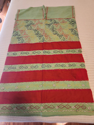 Hand Made Primitive Style Dress Craft Fabric Beaded Hand Sewnl Ecru & Red 39x46