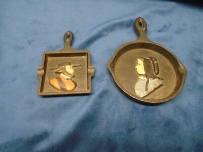 John Wright Inc Cast Iron Skillet Miniature Skillet Amish Woman and Man Ashtray