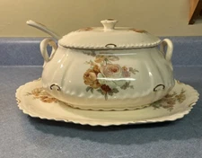 Large Porcelain Bowl Tureen w/ Lid & Plate & Ladle, Big Cabbage Roses Fall Tones