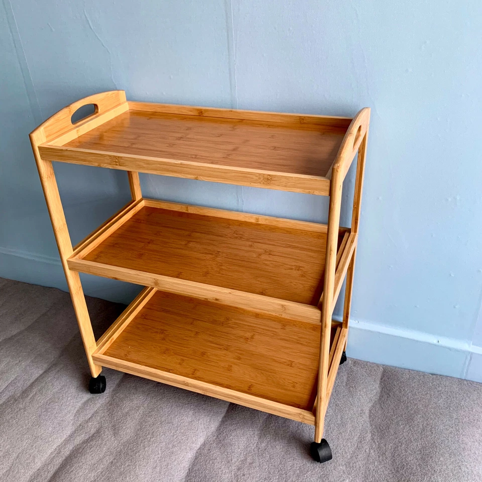 Bamboo 3 Tier Kitchen Storage Rack Tea Serving Trolley Island Cart With Wheels - Image 3 of 4