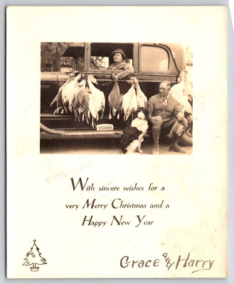 Christmas Card Old Car Duck Hunt Dog Hunter Vintage MCM Automobile
