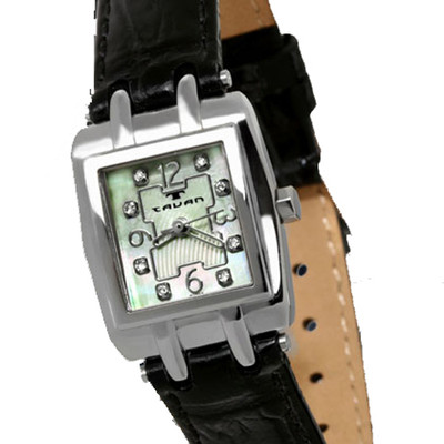 TAVAN CHARISSE SWISS LADIES MOP QUARTZ WATCH NEW DIAMOND ACCENTS BLACK LEATHER