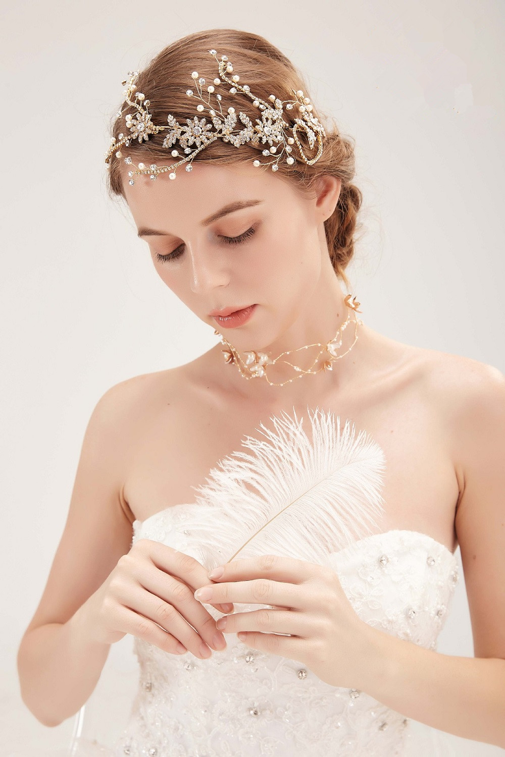 Rhinestone Pearl Bridal Headband And Necklace Wedding Hair  display picture 1