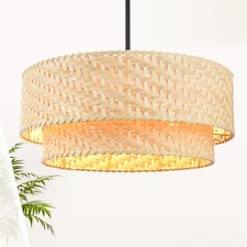 20" Boho Farmhouse Bamboo Chandelier Light Fixture – 2 Tier Rattan Chandelier...