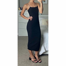Zara Black Ribbed Knit Square Neck Strappy Bodycon Midi Dress Size S
