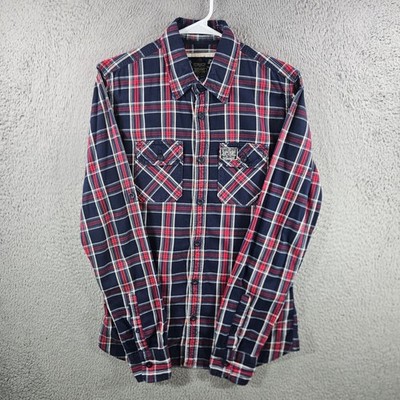Superdry Mens Plaid Button Down Shirt Navy Red White Large Roll Tab Sleeve