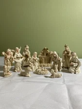 Vintage 11 Piece Ceramic Nativity Manger Scene Gold Trimmed Christmas Holiday