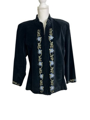 Icelandic Design Women s XL Black Velvet Floral Embroidered Zip Front Jacket
