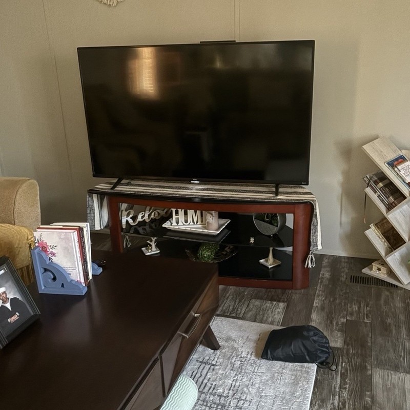 Freestanding Rectangular TV Stand, Dark Wood/Glass, Brown/Black, Shelves