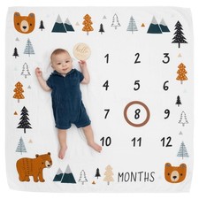 Woodland Bear Organic Baby Milestone Blanket - Perfect for Newborn Announcements