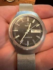 Vintage Mens Timex Q Quartz Day Date Black Dial Stainless  Case Works Running