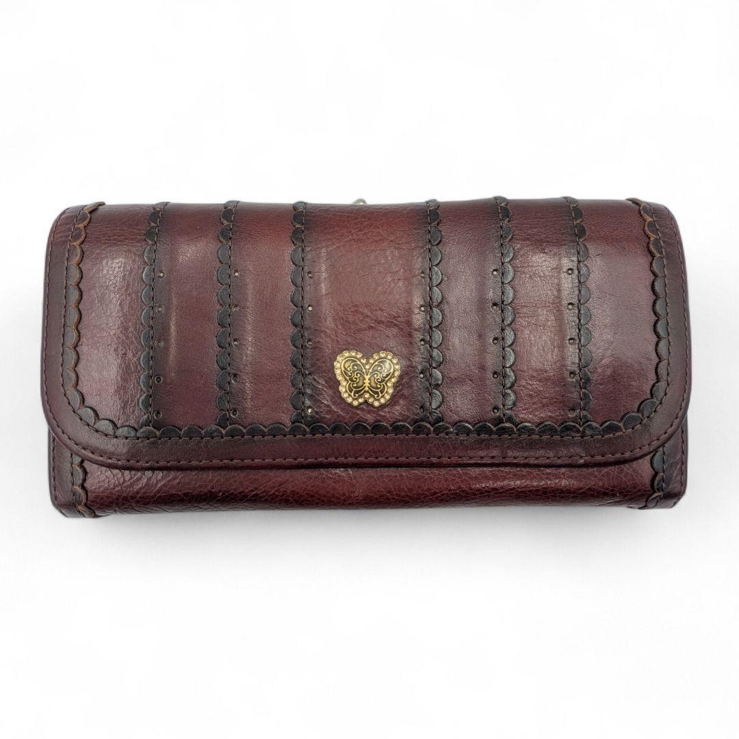 小物 Y2K ANNA SUI Butterfly Gamaguchi wallet Anna Sui Long Wallet Clasp Bordeaux Wine Red Butterfly Leather