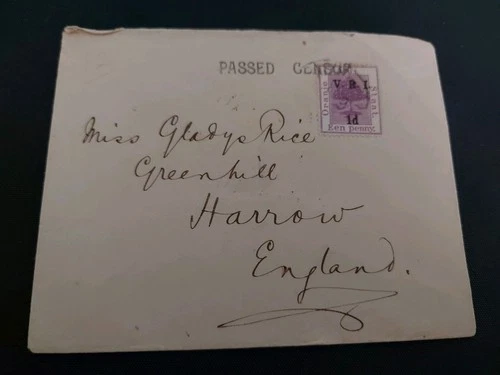 Envelope 1d VRI Stamp Boer War Censored Posted Durban SA to Harrow, England 1900