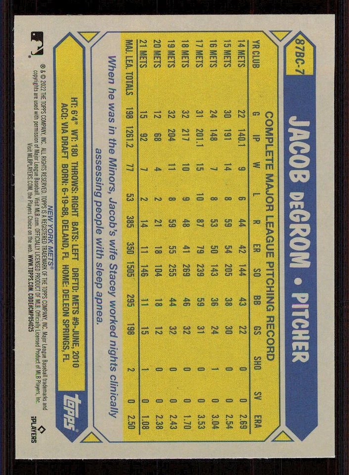 2022 Topps Chrome '87 Topps #87BC7 Jacob deGrom - Image 2 of 2