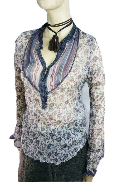 Blusa Top Zara Básica Boho Floral Púrpura Seda Medio Botón Tapeta Manga Larga S Foto 3 de 4