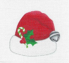 Santa's Red Hat, Holly Silver Bell Ornament HP Needlepoint Canvas Pepperberry