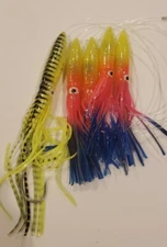 Squid Daisy Chain Trolling Lure Tuna 9 inch Rainbow w 12.5 inch chartreuse mack