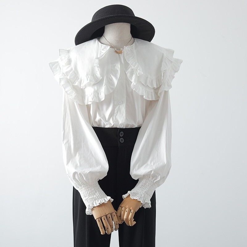 Women Ruffles Collar Blouse Shirt Tops Frill Lapel Lolita Retro