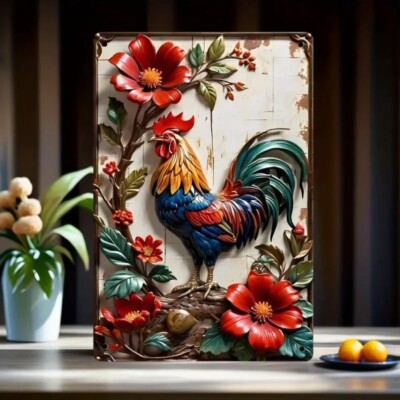 Blechschild bunter Hahn Geflügel Hühner Wandschild 30x20cm TEL1069