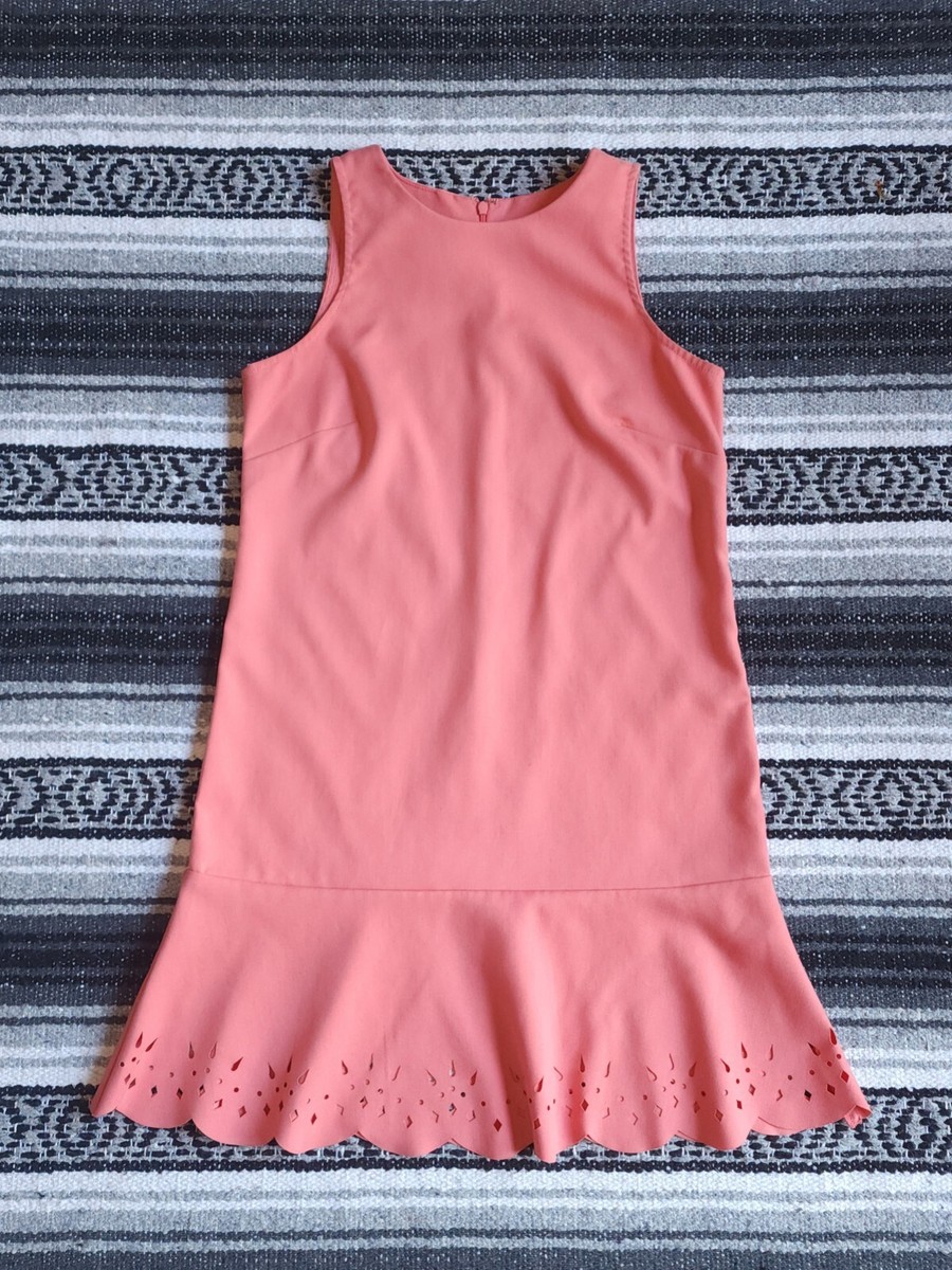 Ann Taylor LOFT Sz 2P Sleeveless Coral Laser Cut Floral Flounce Shift Dress