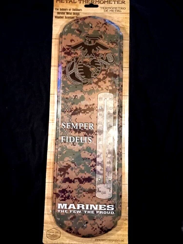 US Marines Metal Thermometer USMC Logo Camo Vintage Style Tin Sign