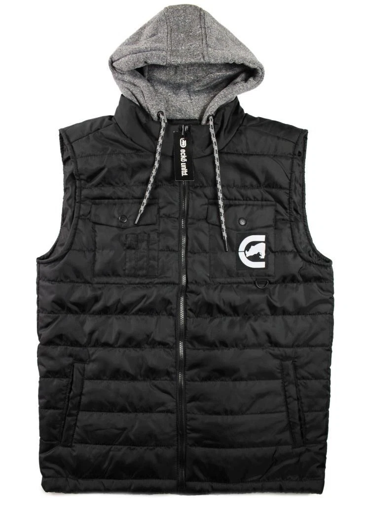 Ecko Unltd. Mens Puffer Vest Hoodie M Insulated Full Zip Pockets Quilted Black