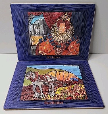 Vtg. Beefeater Gin Cork Backed Placemats - Queen Elizabeth I & Horse Plow
