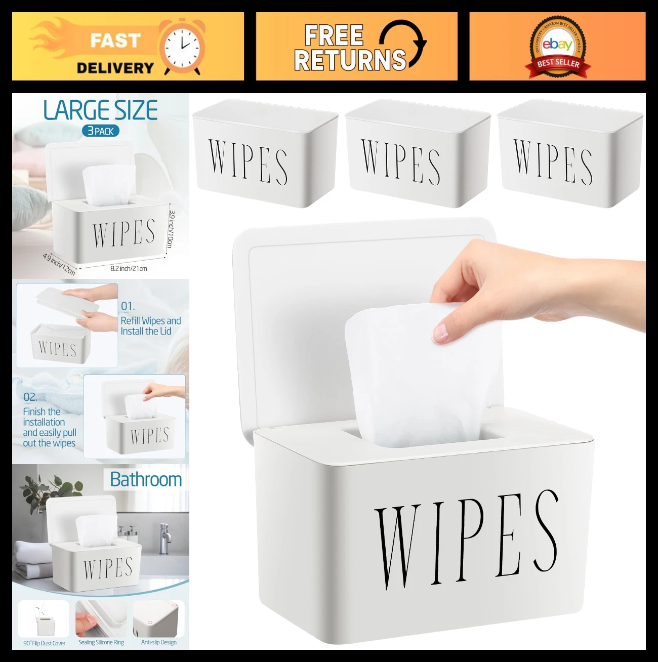 3 Pack Baby Wipes Dispenser Holder - Refillable Wipe Container for Home, Office,