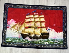 Vintage Wall Hanging Tapestry Sailing Ship Cotton Turkey READ