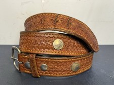 Vintage Basket Weave Custom Brown Leather Tooled Belt W/ Indian Head Nickels 46