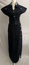 Akira Dark Wash Denim Maxi Dress Structured Shoulder High Slit Moto Utility S