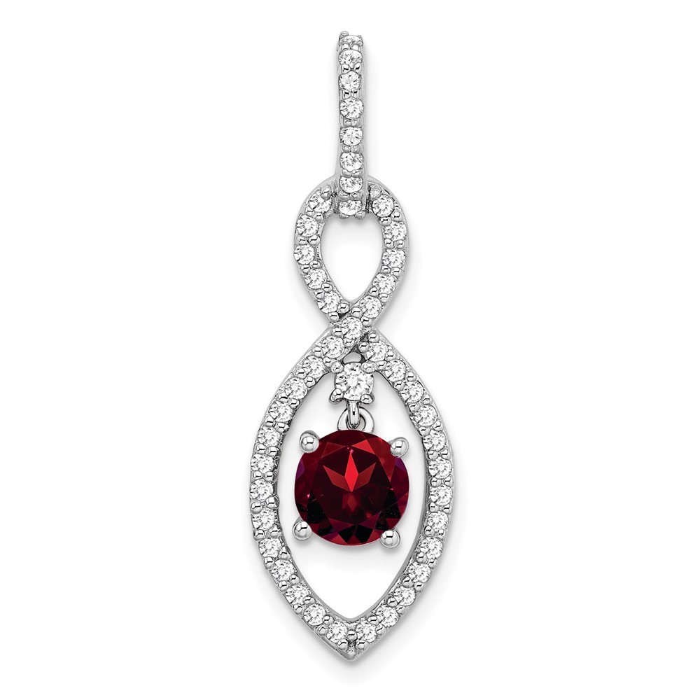 14k White Gold 6mm Round Garnet Dangle and Diamond Chain Slide Pendant 1.9gm