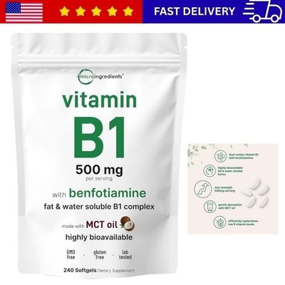 Vitamin B1 Thiamine 500Mg with Benfotiamine & MCT Oil, 240 Softgels | Highly Bio
