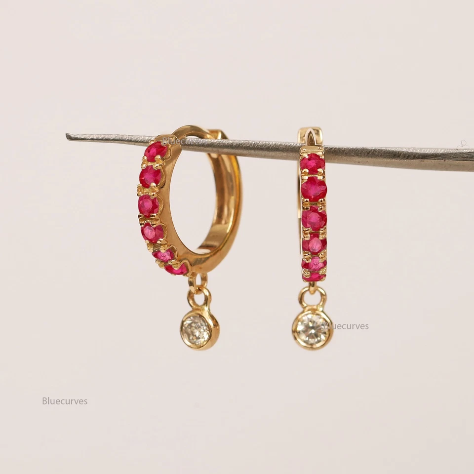 Ruby & Diamond Drop Huggies Hoop Earrings In 14K Yellow Gold Anniversary Gift - Image 3 of 3