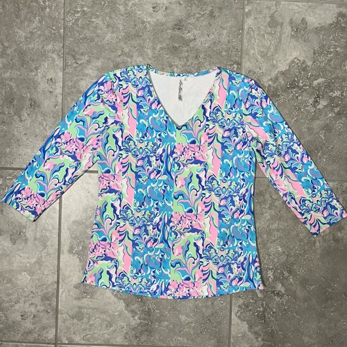 Lulu B V Neck 3/4 Sleeve Nylon Stretch Neon Abstract Floral Top UPF Golf y2k XS - Picture 3 of 8