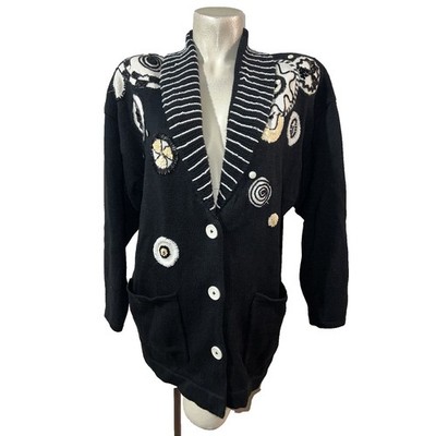 IB Diffusion Womens Black Oversized Cardigan Beaded Sequin Sweater Sz M Vintage