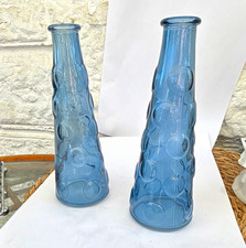 Blue Embossed Glass Decorative Bottle Pair - Textured Pattern Bud Vases single