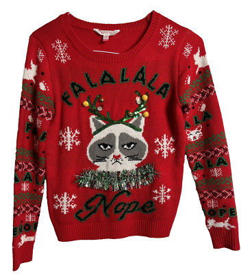 Sweater Size Small Grumpy Cat Falalala Nope Sequin Tinsel Ornament Knit Red