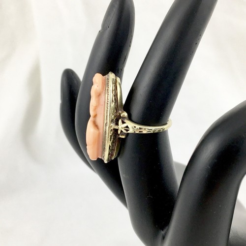 Antique Victorian 14k Gold Carved Pink Coral Cameo Ring with Greek Key Setting - Picture 5 of 8