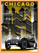 Chicago Illinois Car & Buildings Retro Travel Art Deco Poster Print