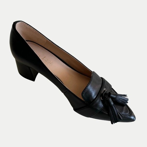 Essex Lane Shoes Sz 8.5 Pumps Pointy Toe Tassels Chunk Heels Black Leather - Picture 10 of 13