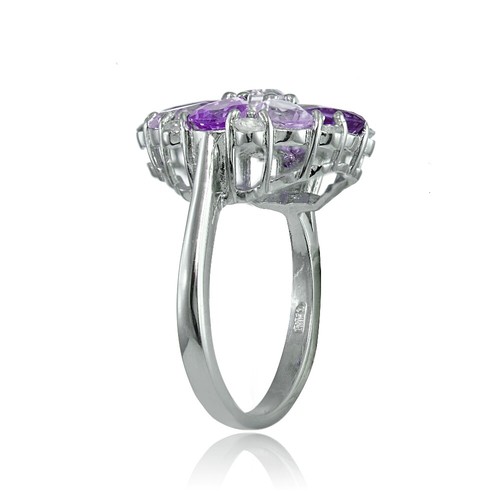 Sterling Silver African Amethyst, Amethyst and White Topaz Flower Ring - Picture 2 of 3