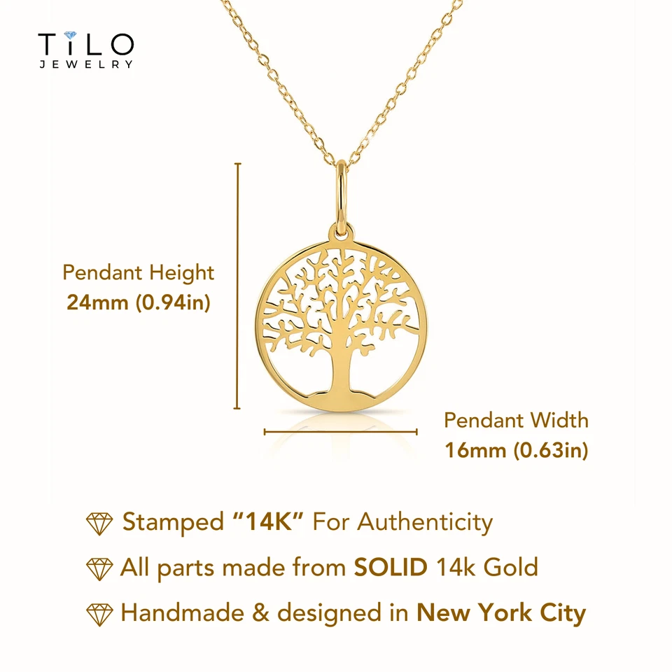 Collar con dije colgante amuleto árbol de la vida oro amarillo macizo real de 14K 18 pulgadas Foto 3 de 4