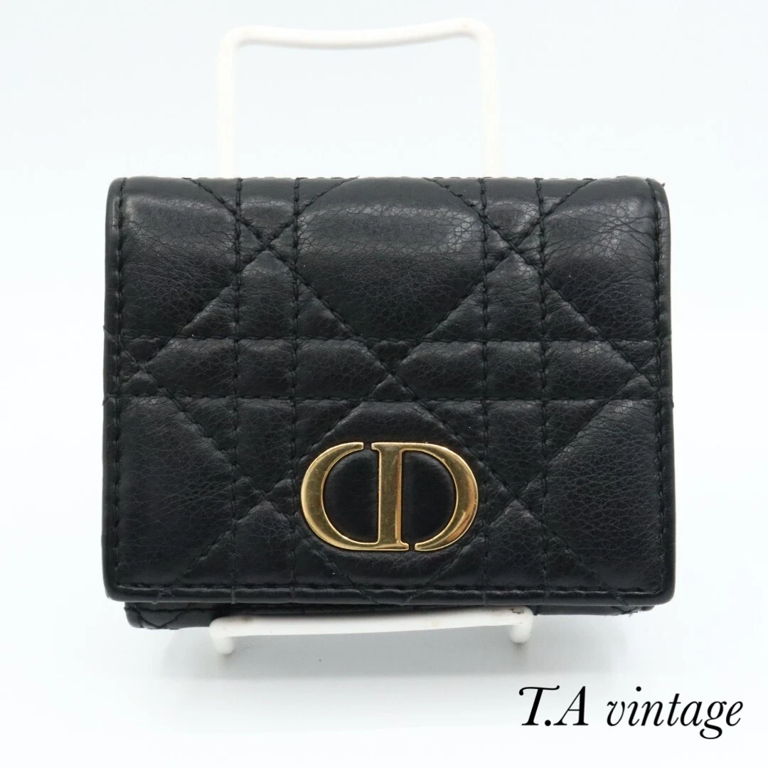 Authentique portefeuille Dior Cannage cuir noir triple pli Japon