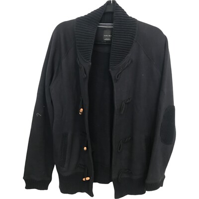 Zara Man Toggle Cardigan Mens Size L Black Shawl Collar Elbow Patch Long  Sleeve