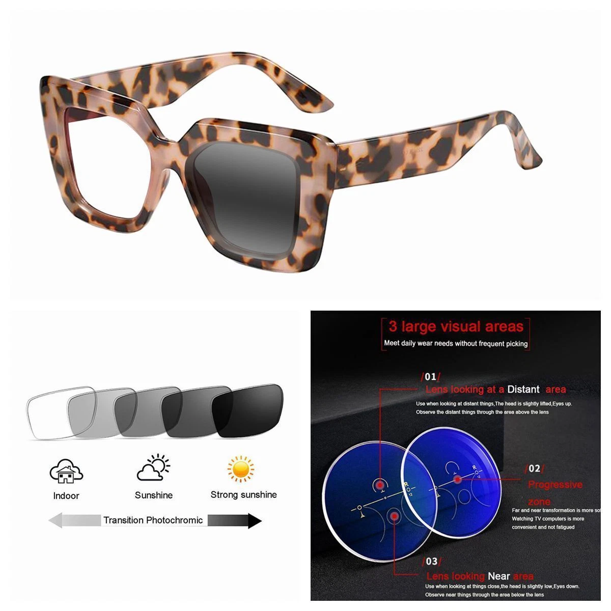 Multifocal Square Bifocal Photochromic Nearsight Reading Glass Customize Presc