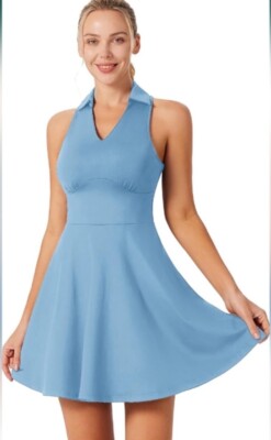 golf dress blue Women Tennis Polo Dresses Ribbed Half Zip Pleated Light Blue Golf Work –  Attraco main image 1